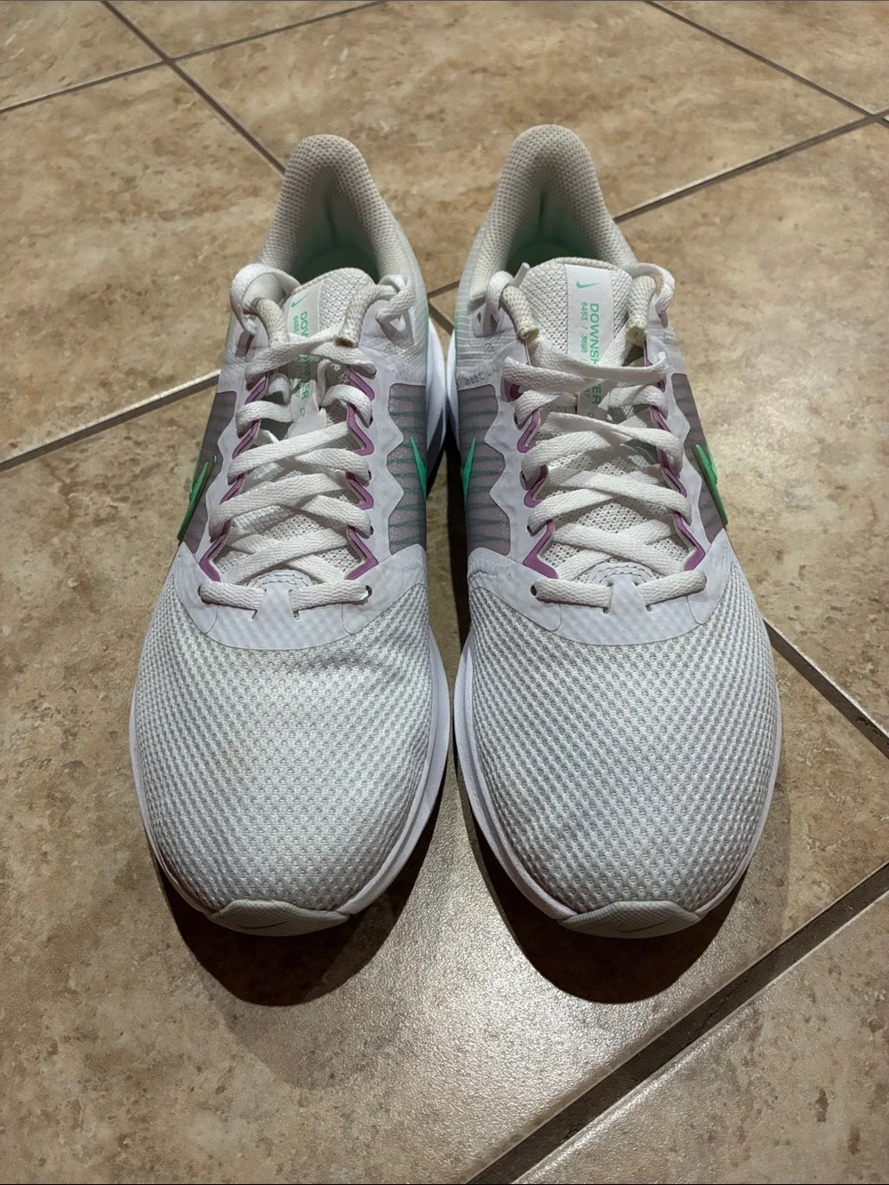 Nike White Running Sneakers with Mint Green Swoosh. DownShifter Running Shoes.